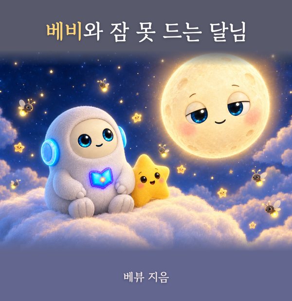 그림책 표지: 구름 위에 앉은 베비와 별 반짝이, 졸린 얼굴의 달님